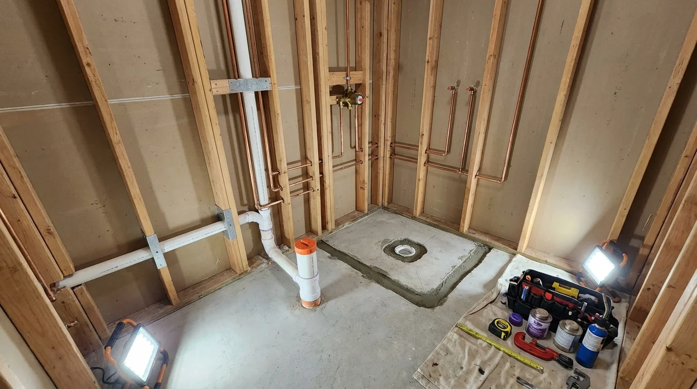 Bathroom rough-in plumbing during remodel by Johns Plumbing LLC in Rio