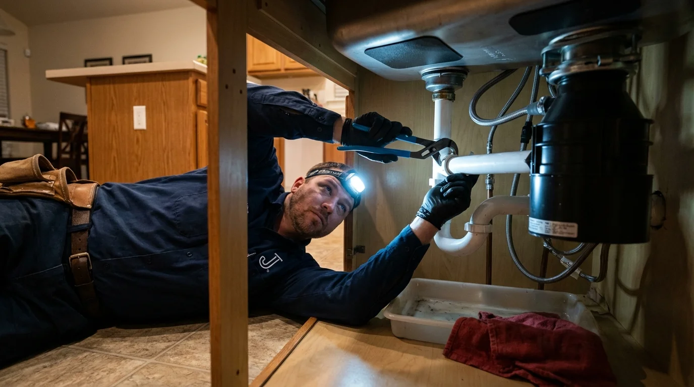 P-trap and supply line connections under a kitchen sink showing a common leak point in Rio, WI